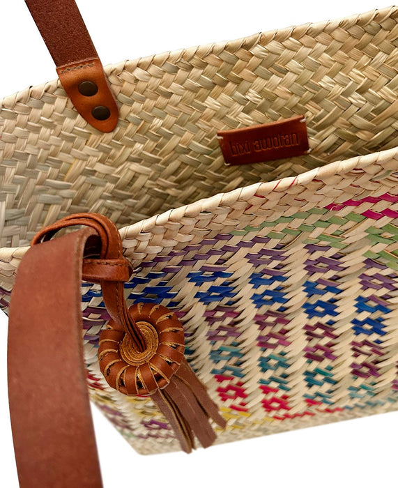 Products Keta tan leather tote bag / multicolor hand woven palm