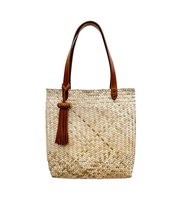 Products Keta tan leather tote bag / natural hand woven palm