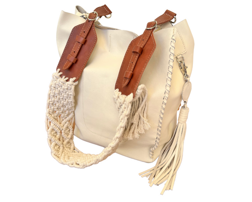 Bolsa Alicia de piel color blanco con asa de macramé blanca | Uthentic