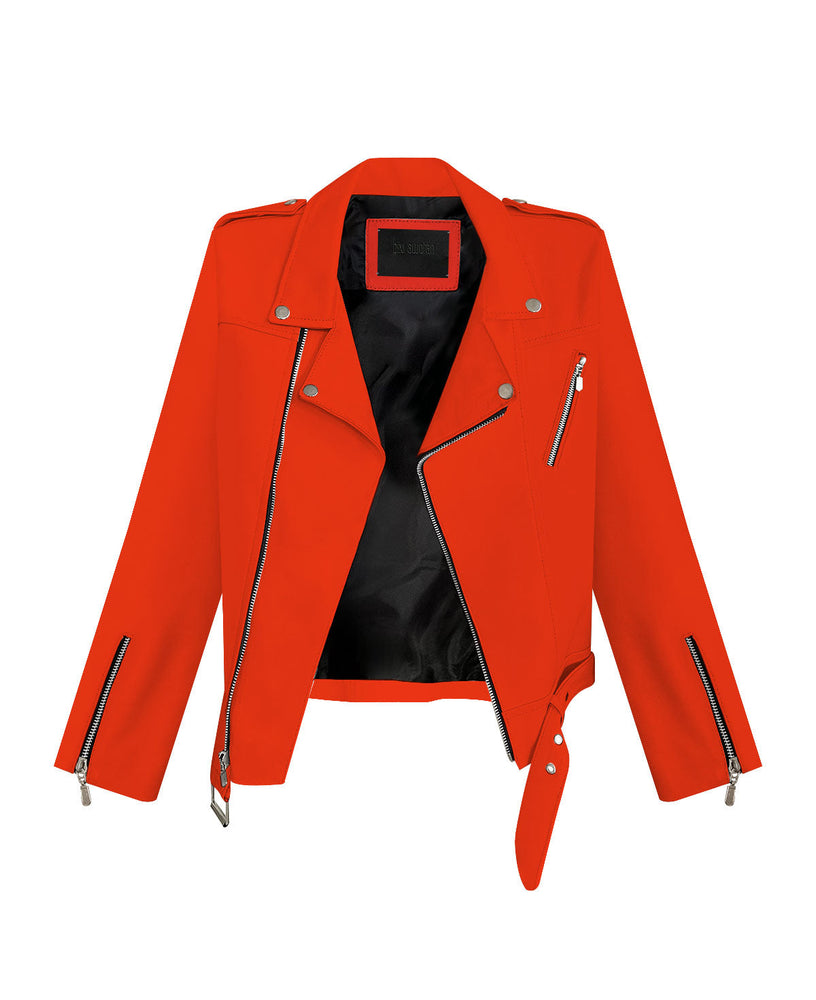 Intense Orange Leather Biker Jacket