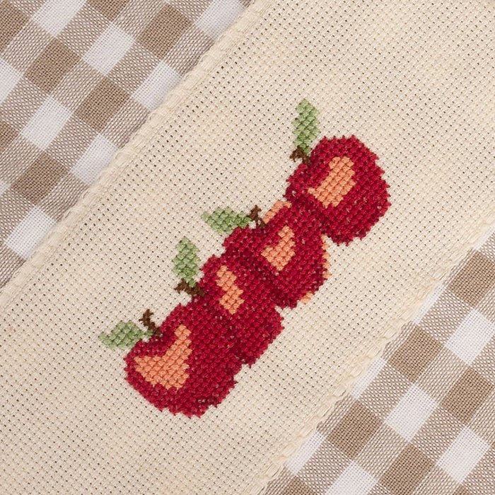 Toalla de cocina de cuadros beige con blanco con cenefa bordada en punto de cruz de Manzanas